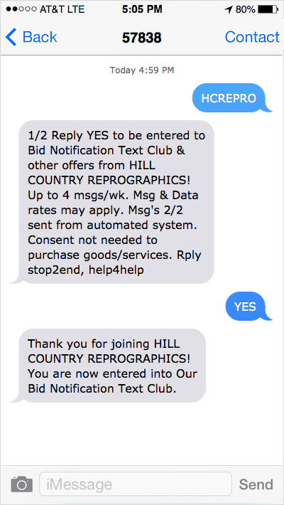 Text messages: someone texts HCREPRO, replies YES, and is welcomed to the Bid Notification Text Club