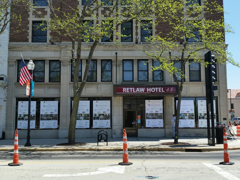 Window graphics on the Retlaw Hotel in downtown Fond du Lac