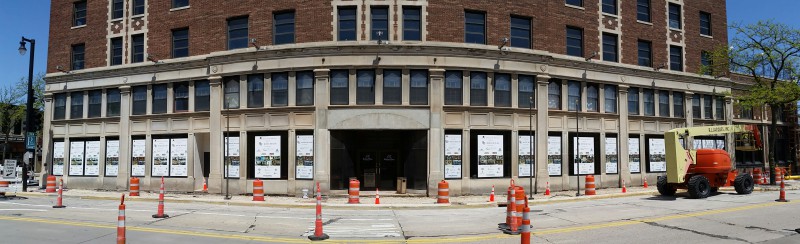 Window graphics along a downtown Fond du Lac building